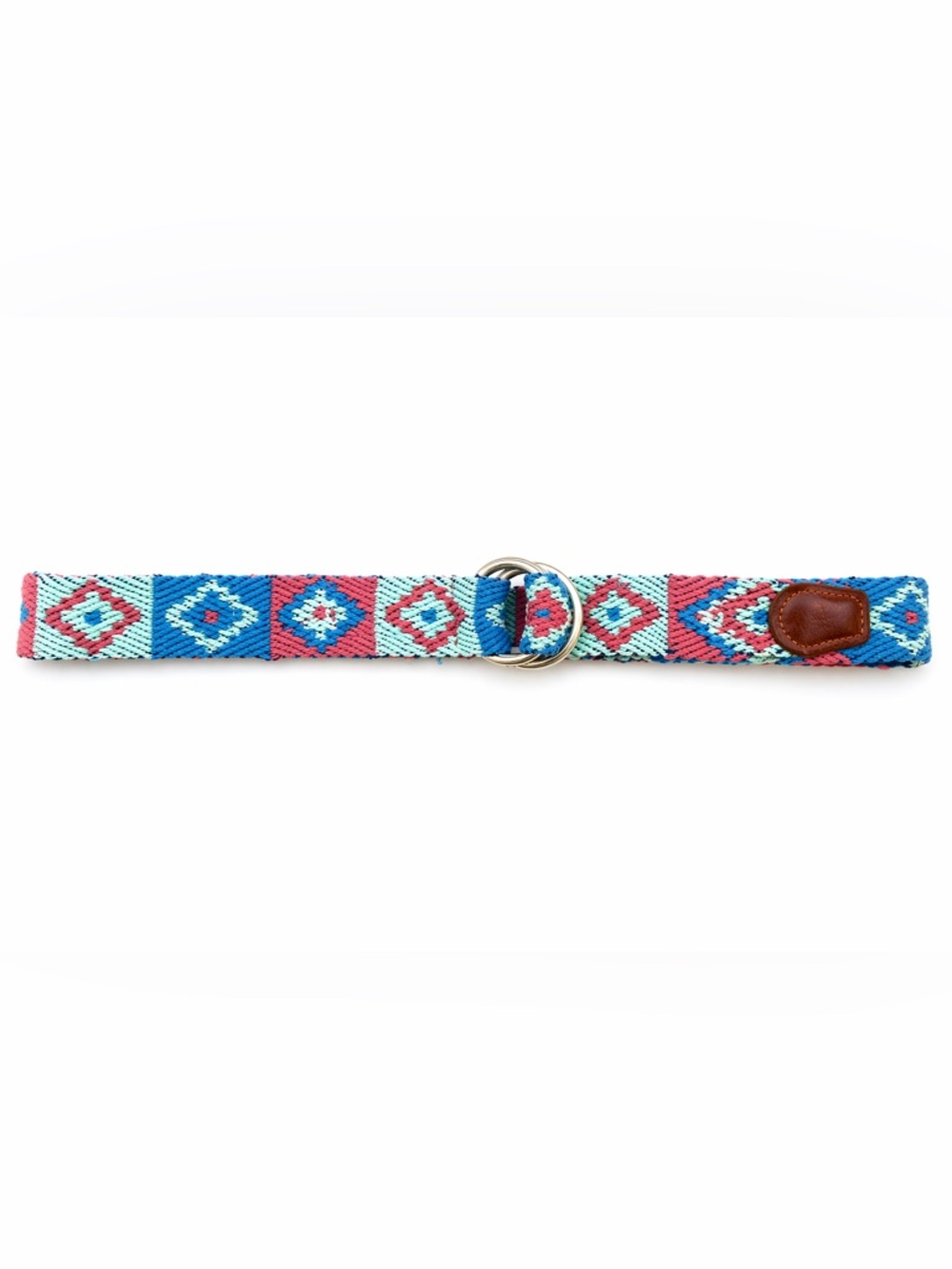 Peter Millar Woven D-Ring Belt Size L 44” Blue Pink Aztec Pattern Canvas Preppy